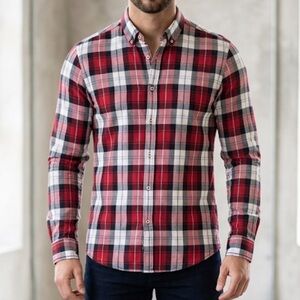 Zara Man Slim Fit Plaid Button Down Shirt Red Blue White Men's Size L